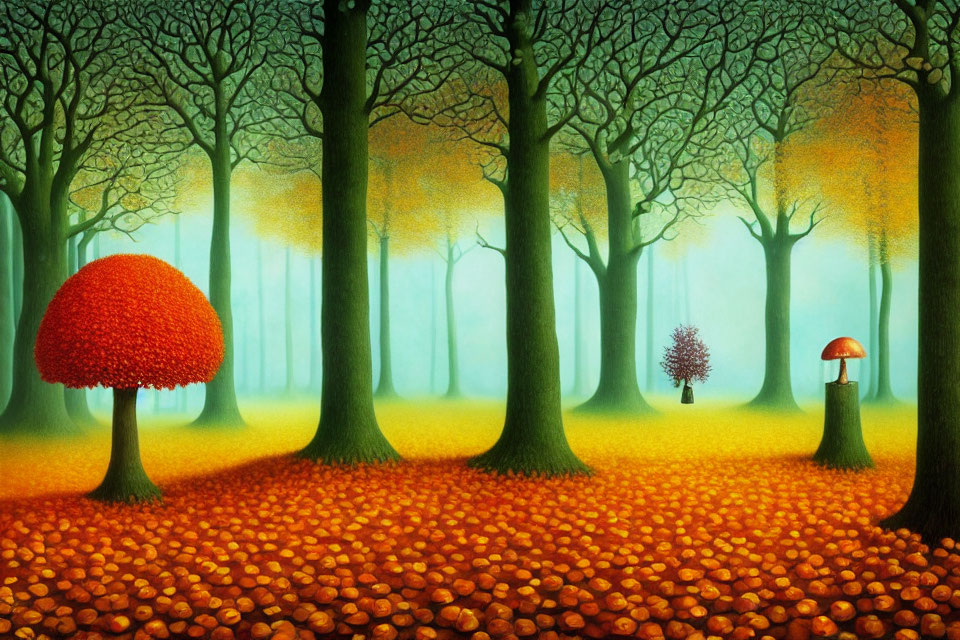 Colorful Autumn Forest Scene with Stylized Trees and Red Mushroom