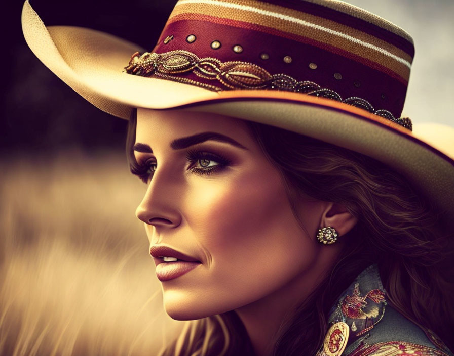 Detailed Cowboy Hat and Striking Makeup Portrait Against Natural Background