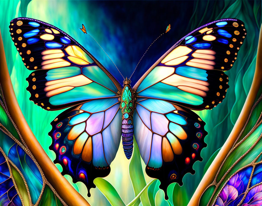 Colorful Butterfly Artwork with Detailed Wing Patterns and Iridescent Foliage