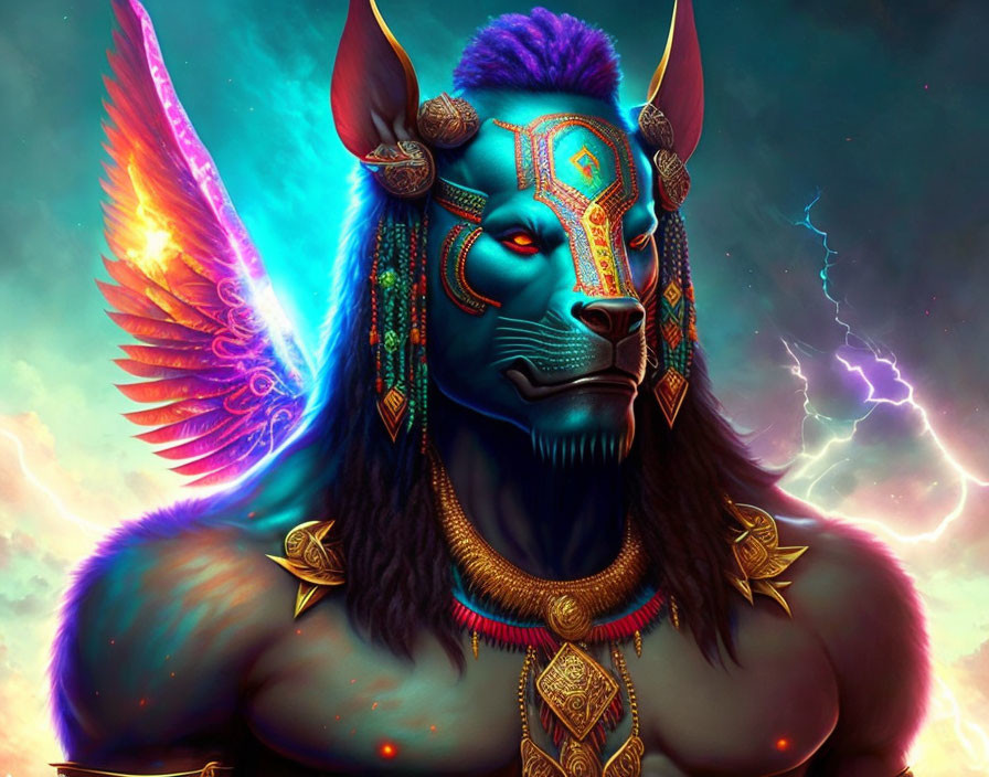 Mystical lion-headed creature with tribal jewelry and colorful wing in stormy scene