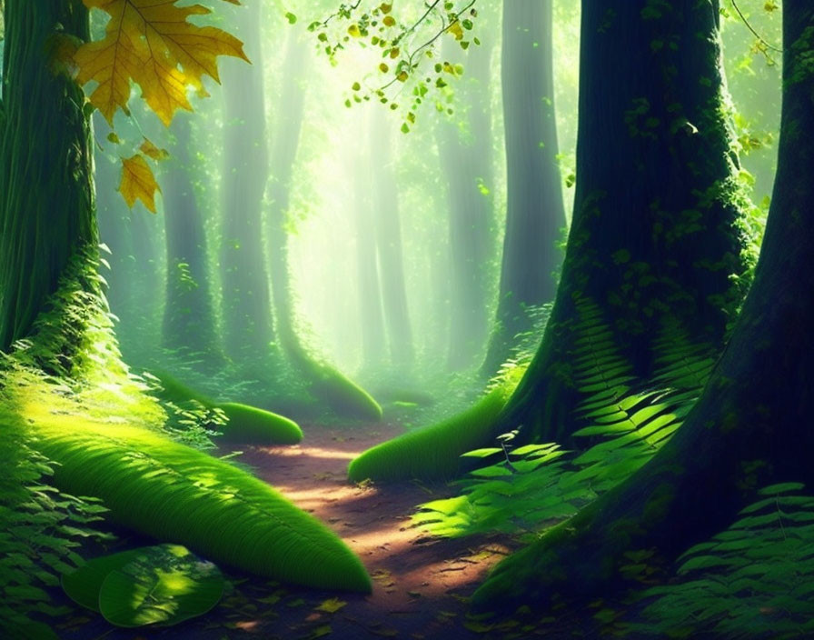 Verdant forest path with sunbeams and mist glow