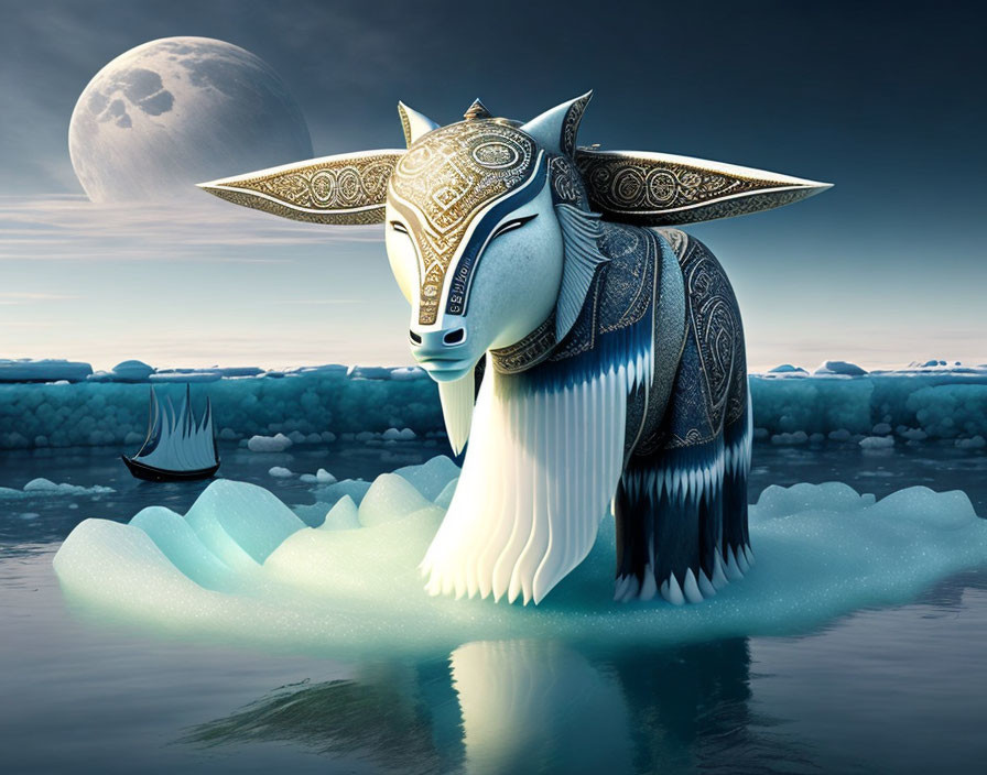 Surreal image: Ornate bull's head with helmet submerged in icy waters under moonlit sky