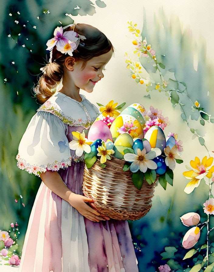 Young girl in pastel dress with Easter eggs and flowers