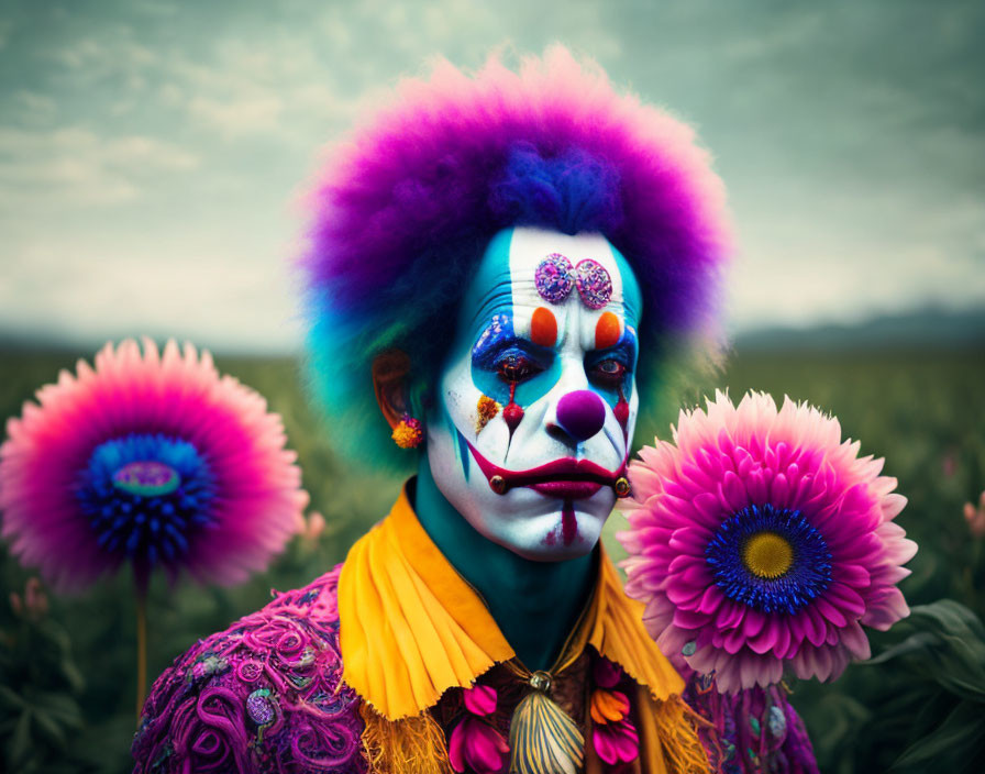 Colorful clown makeup and surreal landscape with oversized flowers