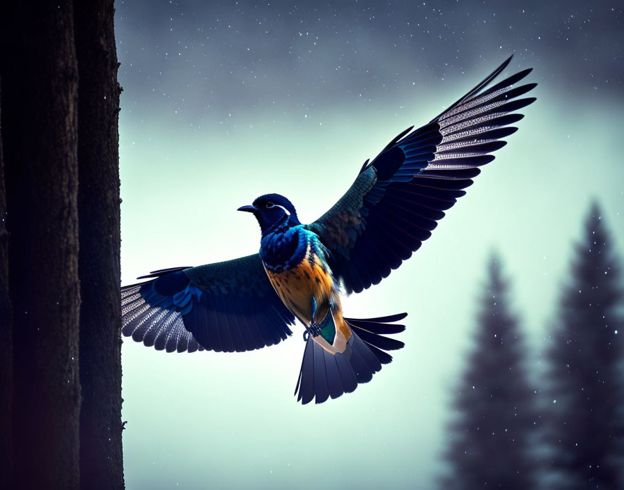 Colorful bird in flight against twilight sky with tree silhouettes