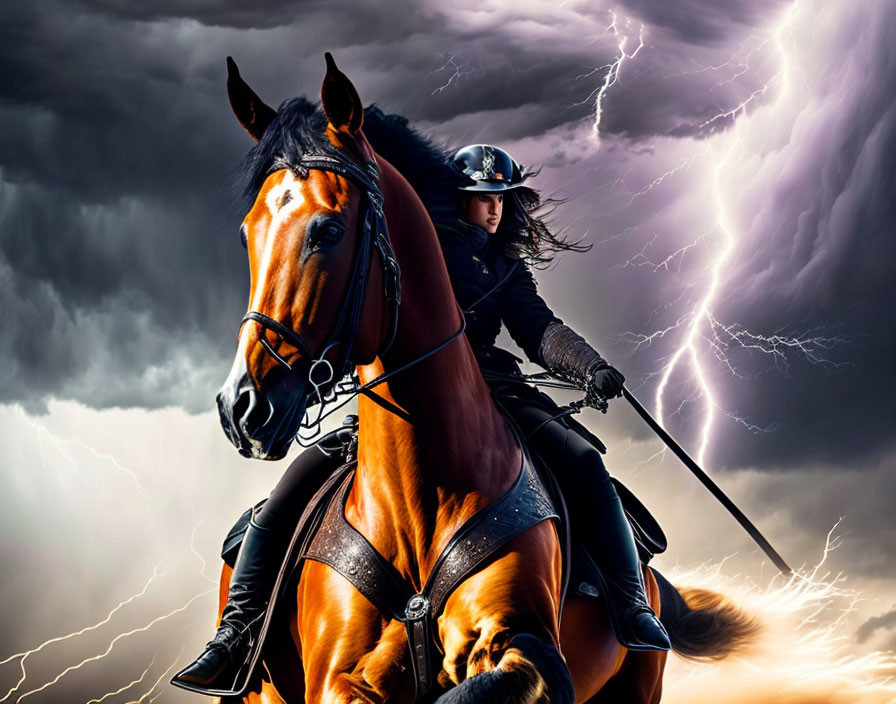 Person in traditional military uniform on horse under stormy skies