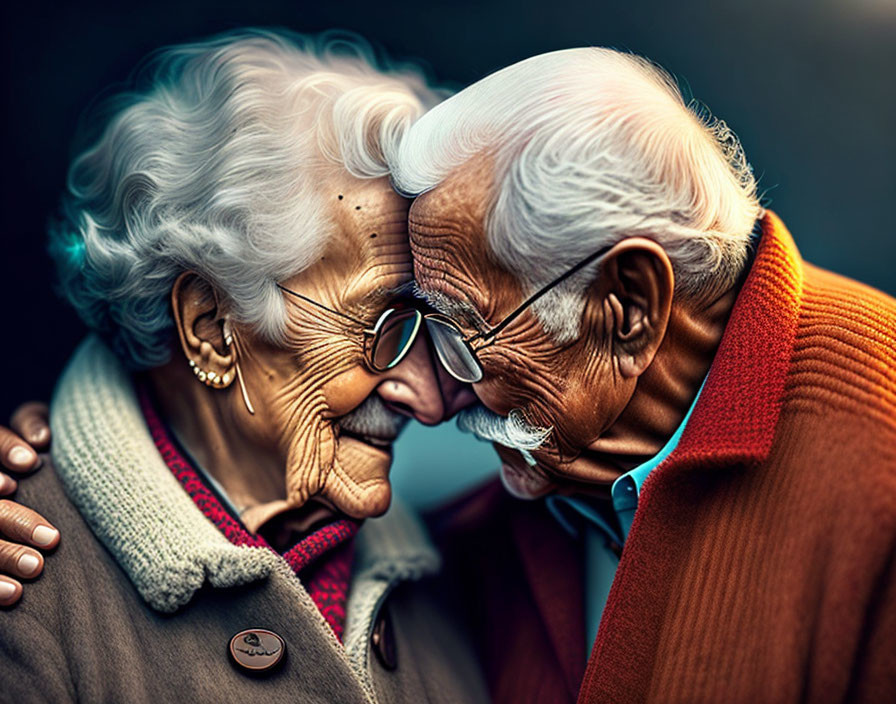 Elderly couple smiling and touching foreheads with glasses