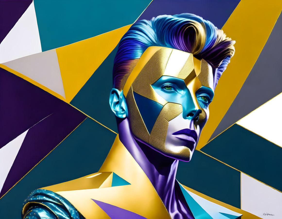 Colorful digital artwork: Male figure with blue hair and golden geometric patterns on face against multicolored