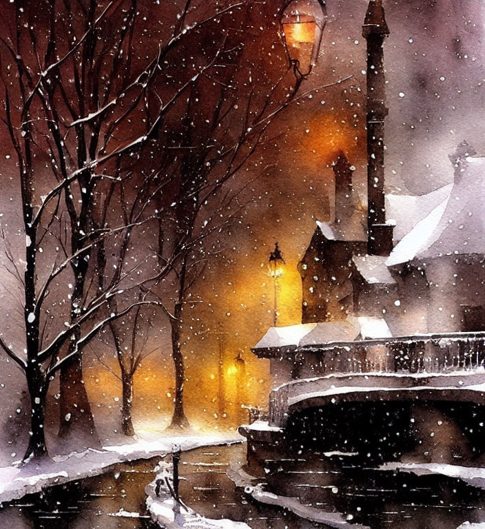 Snowy Scene with Glowing Street Lamp and Cozy House in Falling Snow