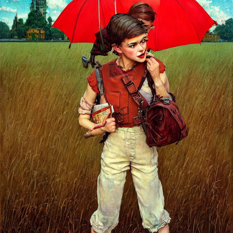 Vintage Attire Figure with Book and Umbrella in Wheat Field with Building