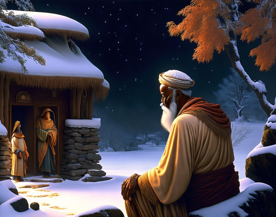 Elderly man in robes gazes at cozy cottage in snowy landscape