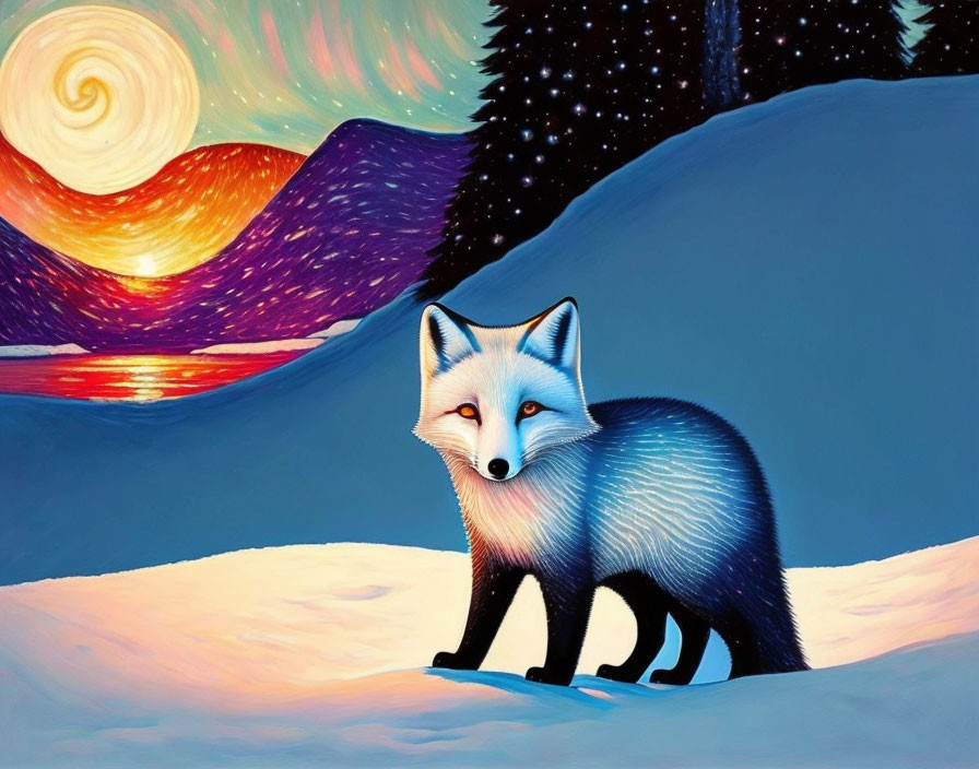 Blue fox painting in snowy landscape with swirling sky and sunset