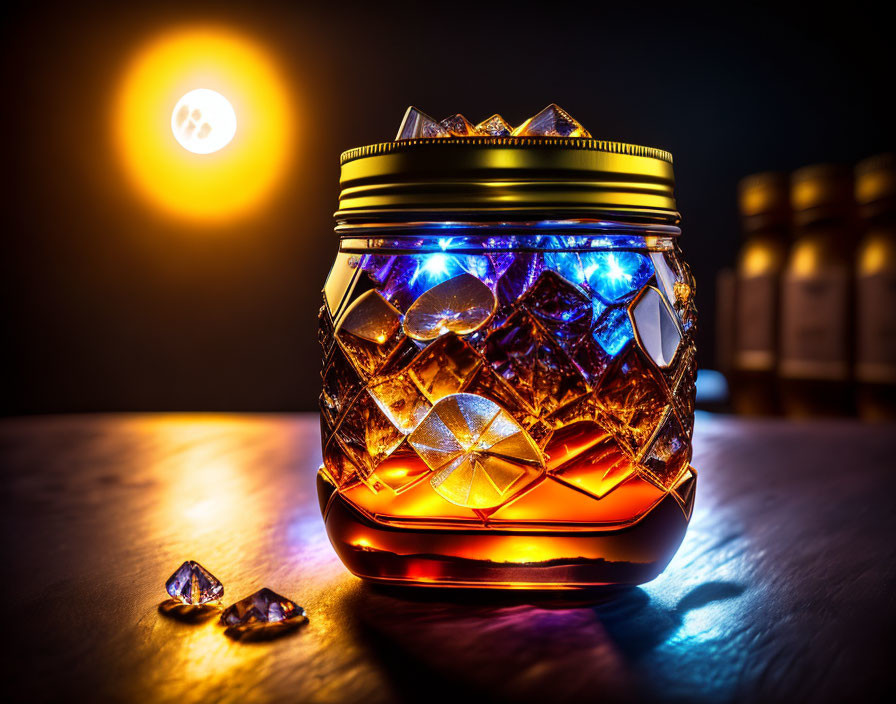 Intricately patterned glass jar under blue lights on dark background