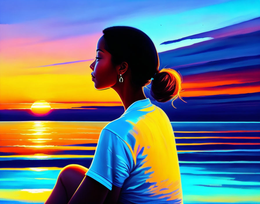 Woman admires vibrant sunset over calm waters