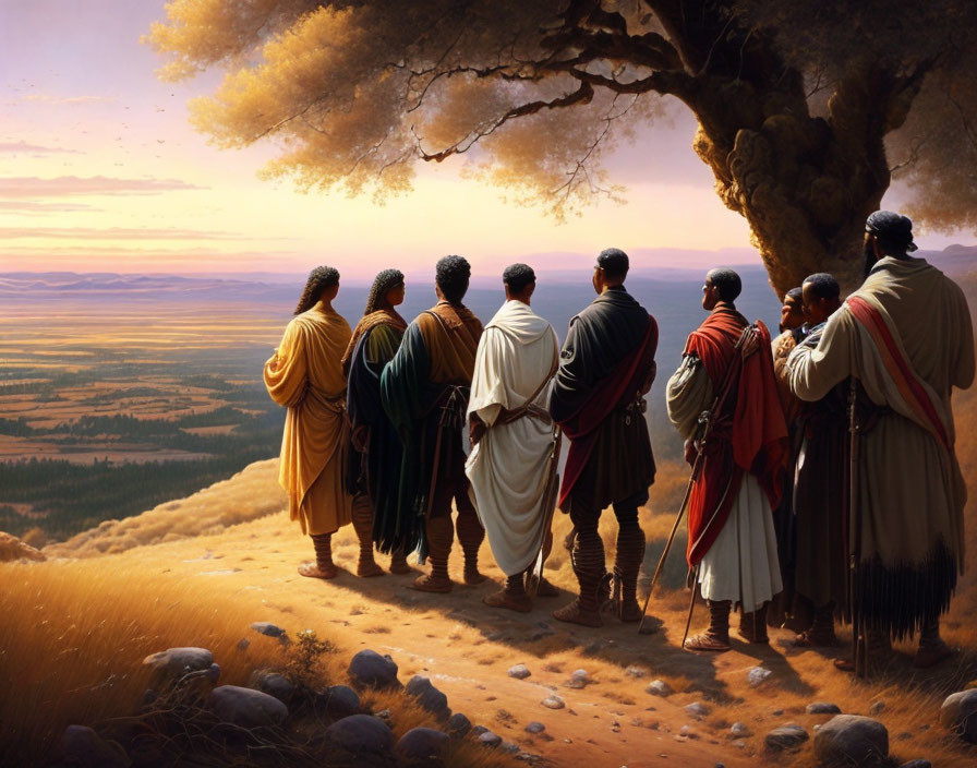 Group of People in Ancient Robes Admiring Sunlit Valley