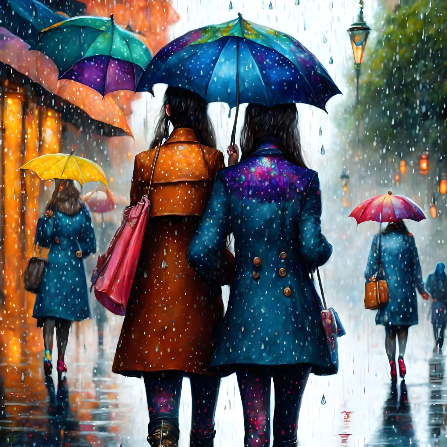 Vibrant rainy street scene with people walking under colorful umbrellas