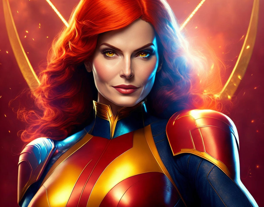 Female superhero with red hair in blue and red costume on glowing background