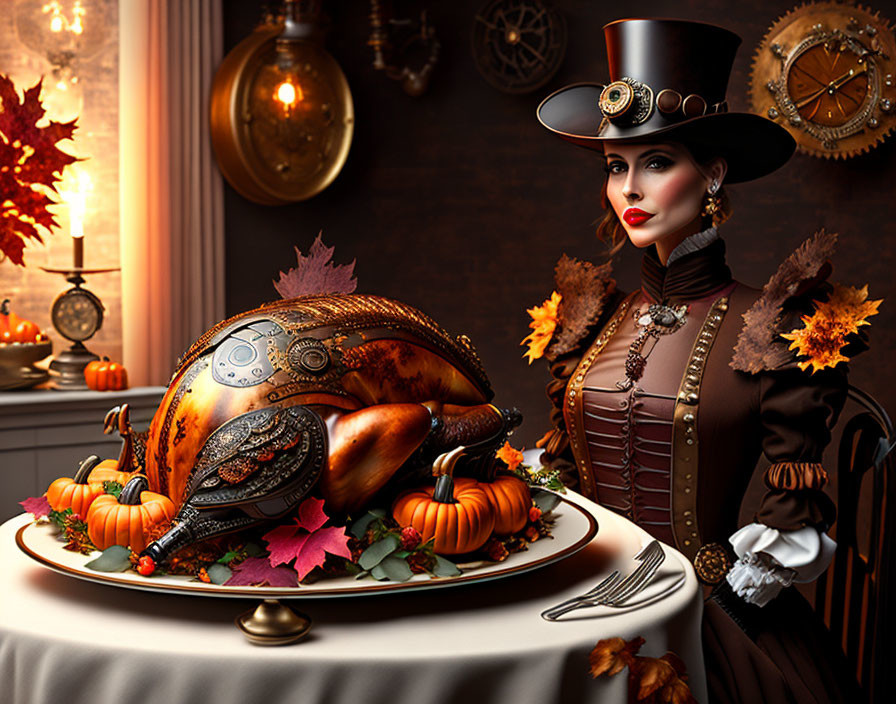 Steampunk-themed Thanksgiving with Victorian woman, mechanical turkey, pumpkins & leaves