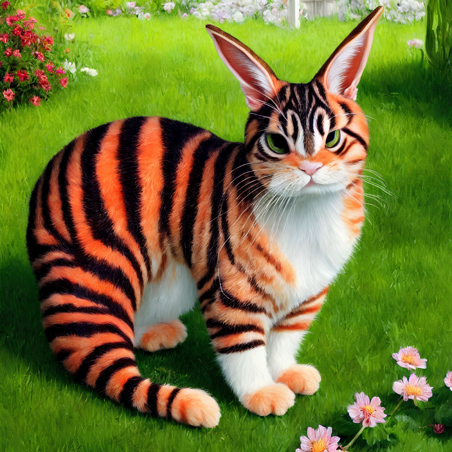 Digitally Altered Image: Cat with Tiger-Like Orange and Black Stripes in Colorful Garden