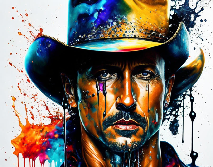 Colorful cowboy hat illustration with paint splatters blending into face