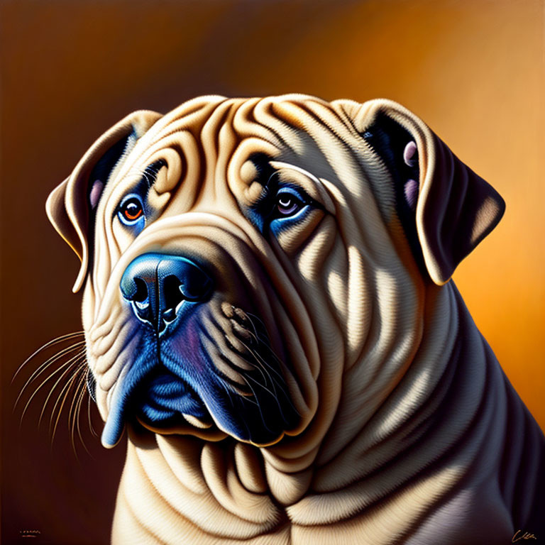 Hyperrealistic Shar Pei Dog Painting with Wrinkles and Soulful Eyes