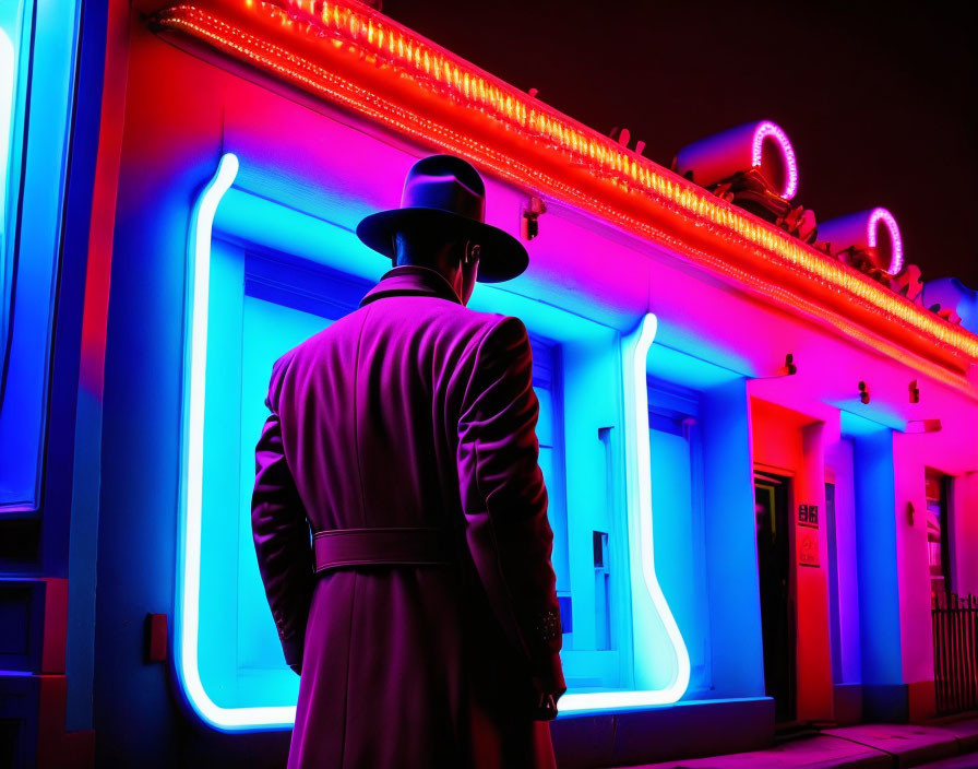 Mysterious figure in trench coat and hat under neon signs at night