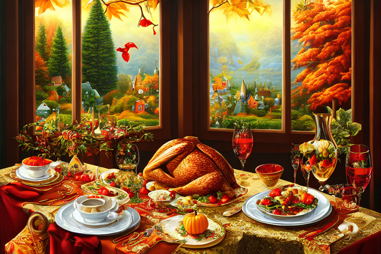 Autumn village backdrop with festive table featuring roasted turkey, wine, and desserts