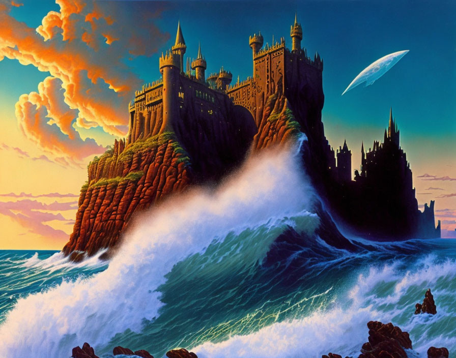 Majestic castle on cliff with crashing waves and twilight sky