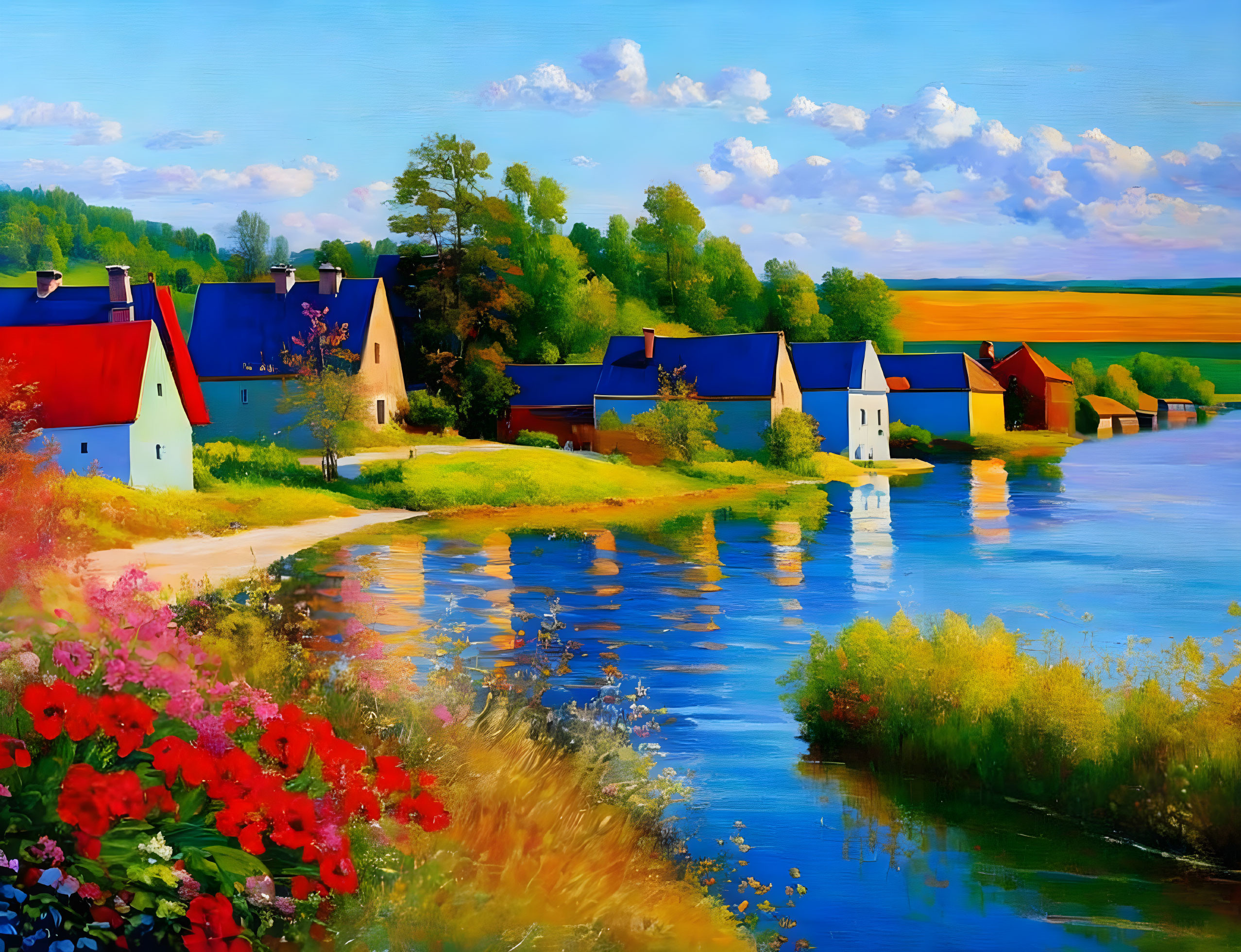 Colorful Rural Landscape with River, Houses, and Flora