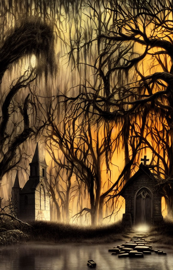 Ethereal glow illuminates church and small building among twisted trees