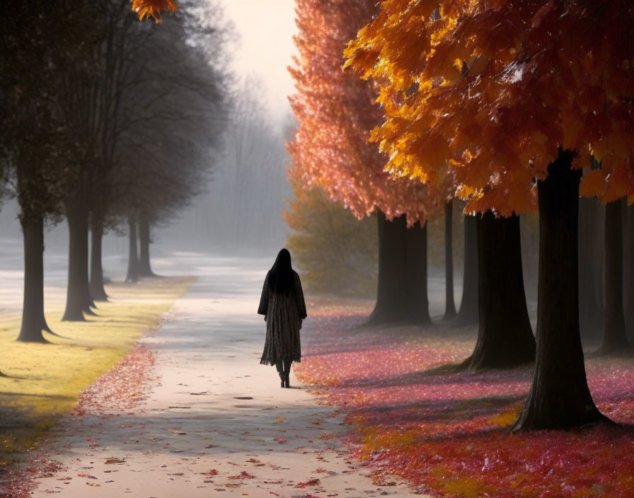 Autumn scene: solitary figure on tree-lined path with red leaves.