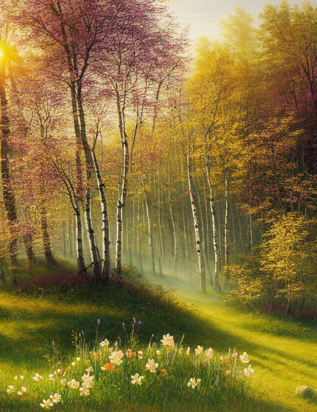 Ethereal forest scene with sunlight, birch trees, flowers, and mist