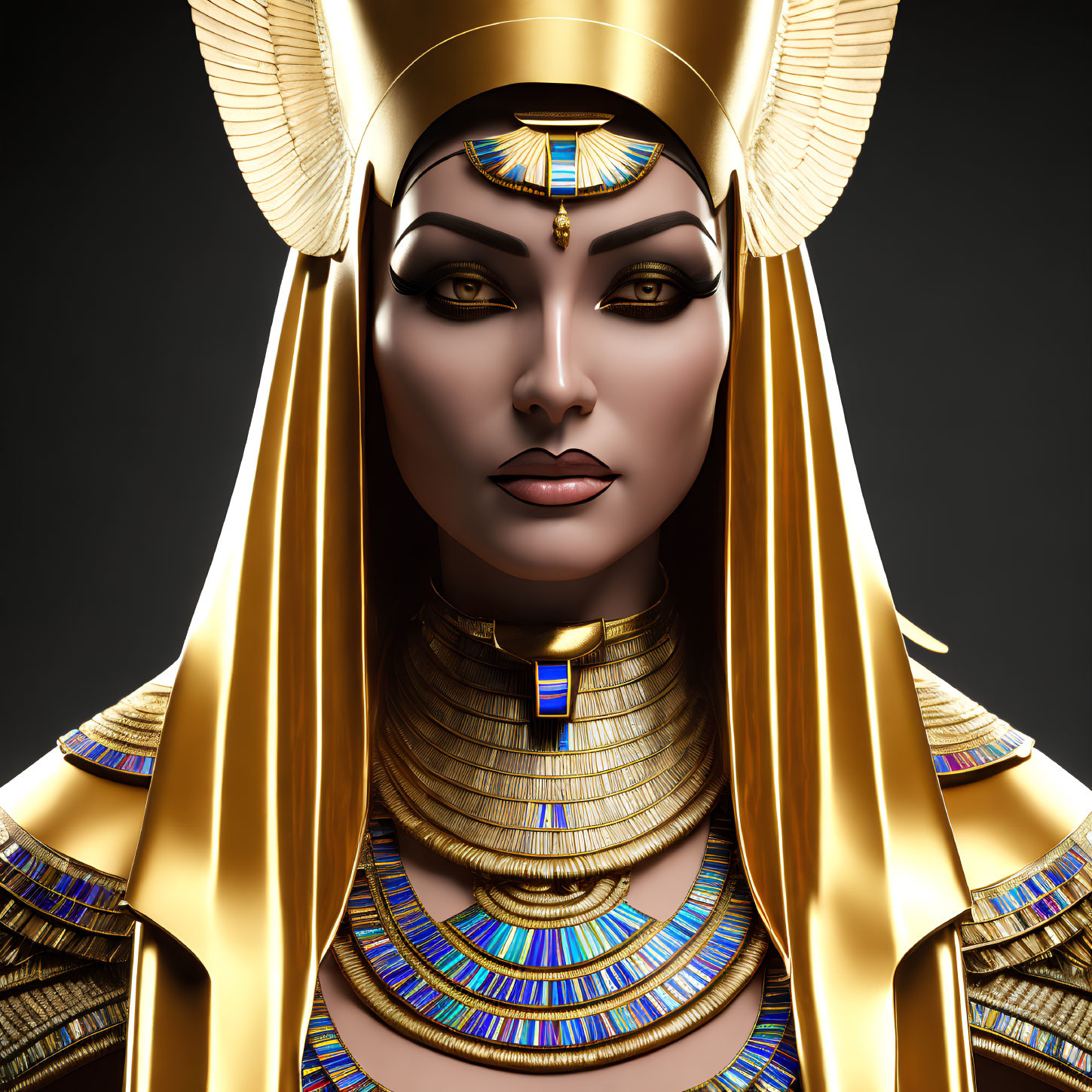 Digital Artwork: Imposing Ancient Egyptian Figure with Golden Headdress