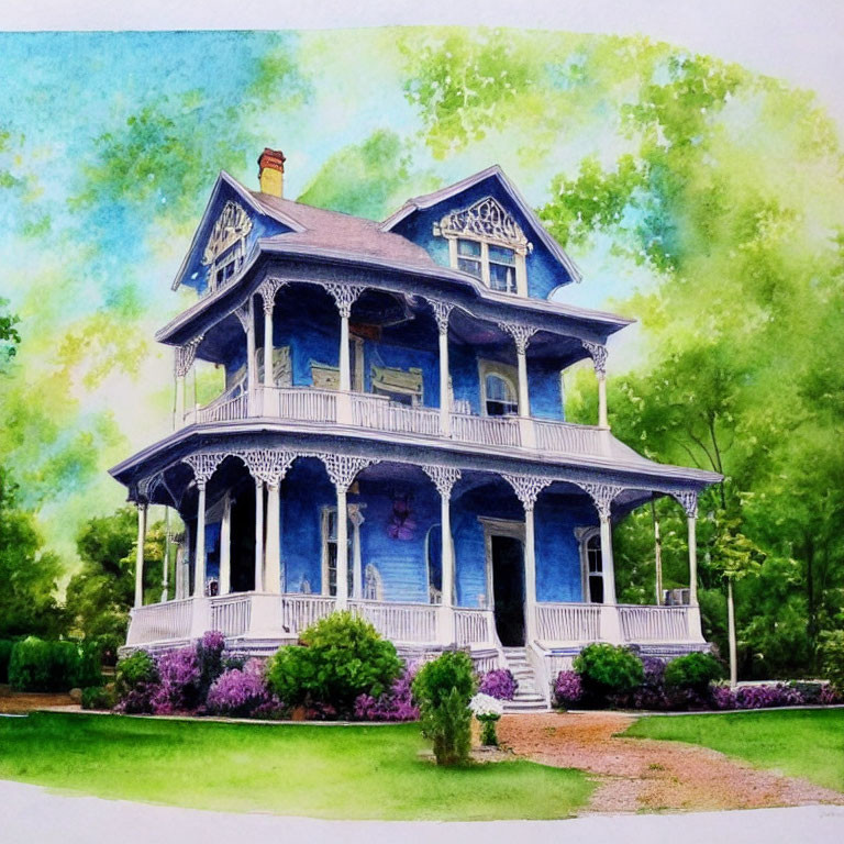 Detailed Watercolor Painting of Blue Victorian House with Greenery & Purple Flowers