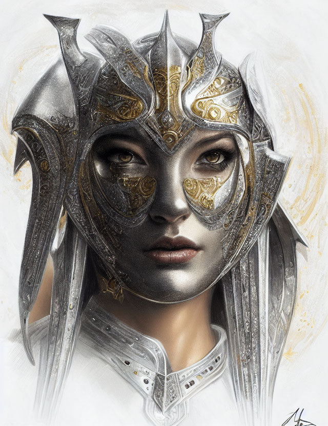 Portrait of a person in fantasy-style helmet with silver and gold accents