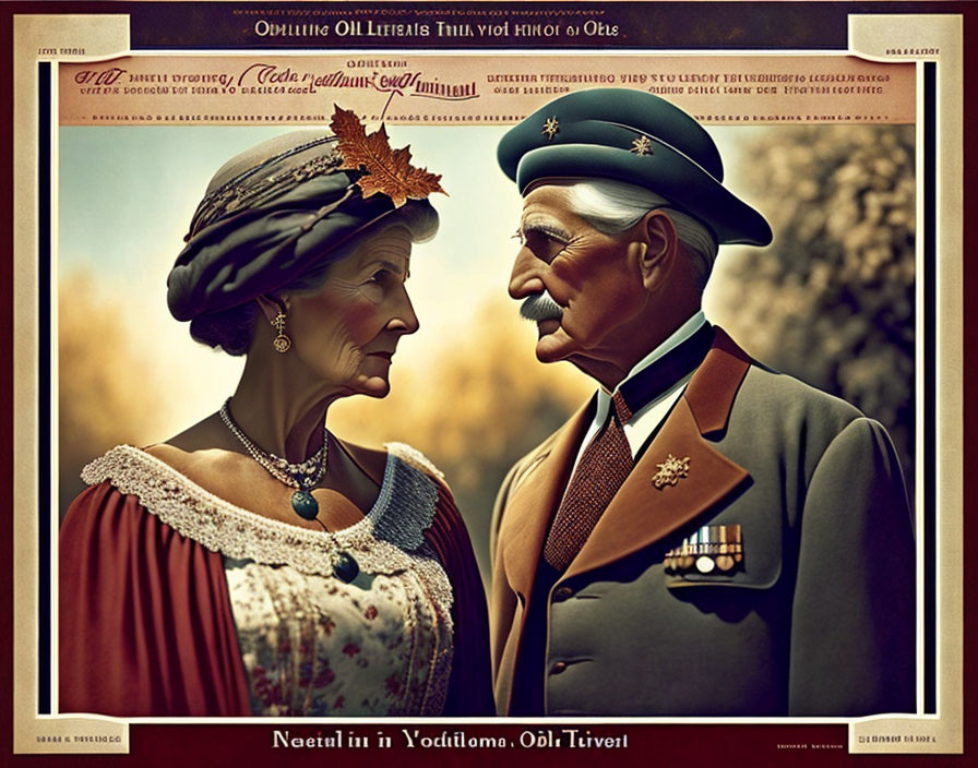 Vintage military uniform man and woman in old-fashioned dress poster