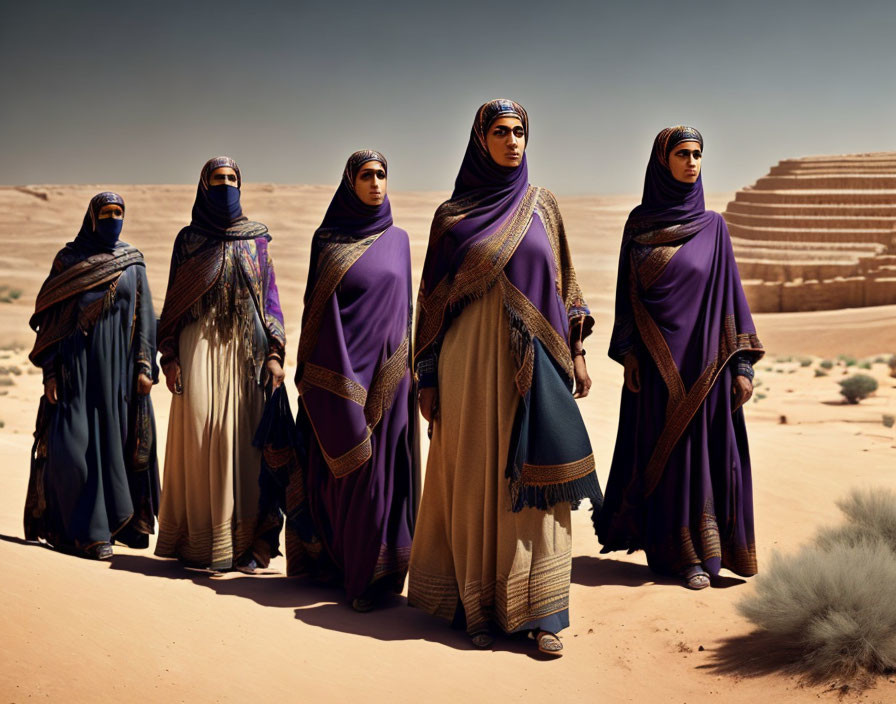 Five Women in Traditional Desert Attire Standing in Sandy Landscape