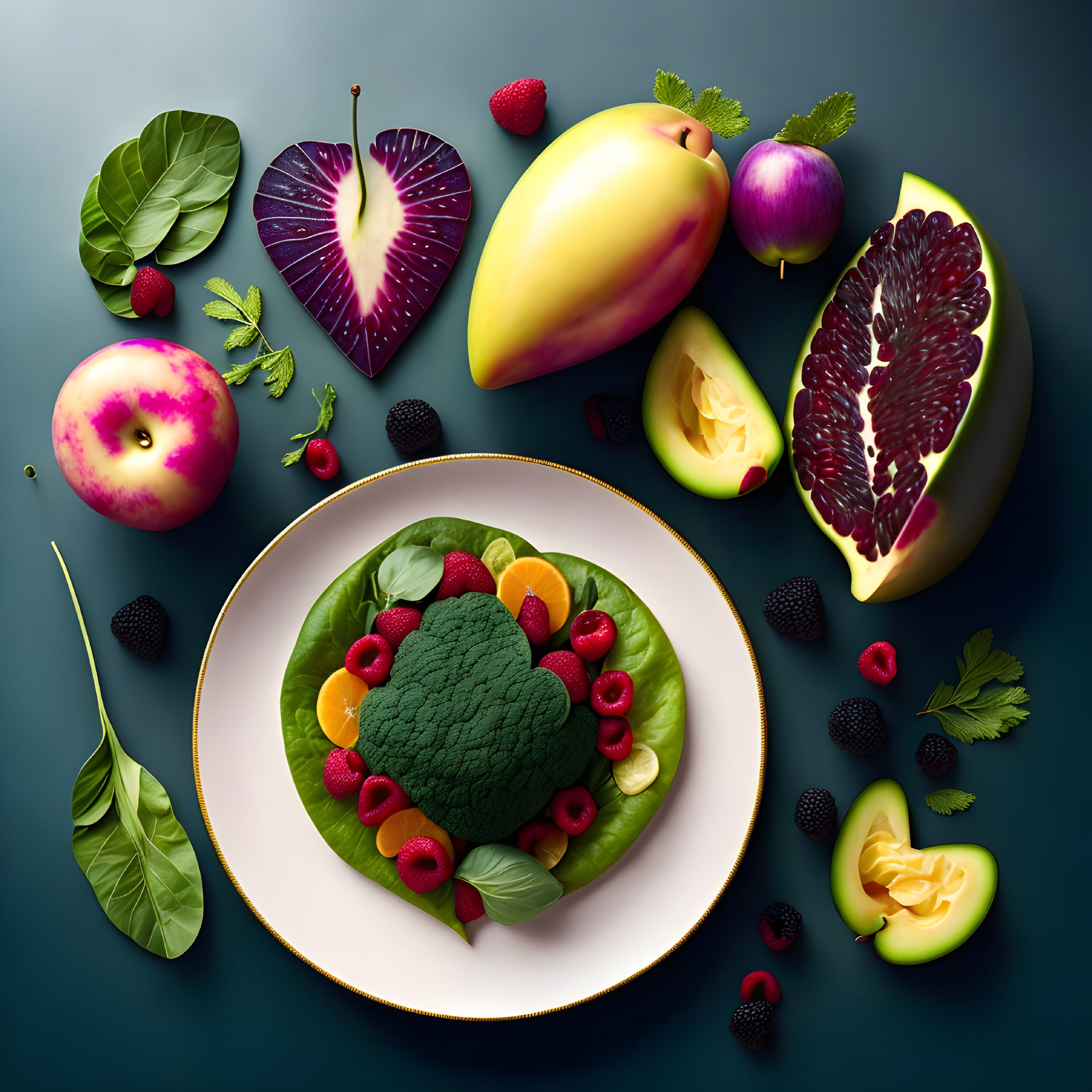 Colorful Fresh Fruits and Vegetables Plate with Broccoli, Citrus, and Raspberries