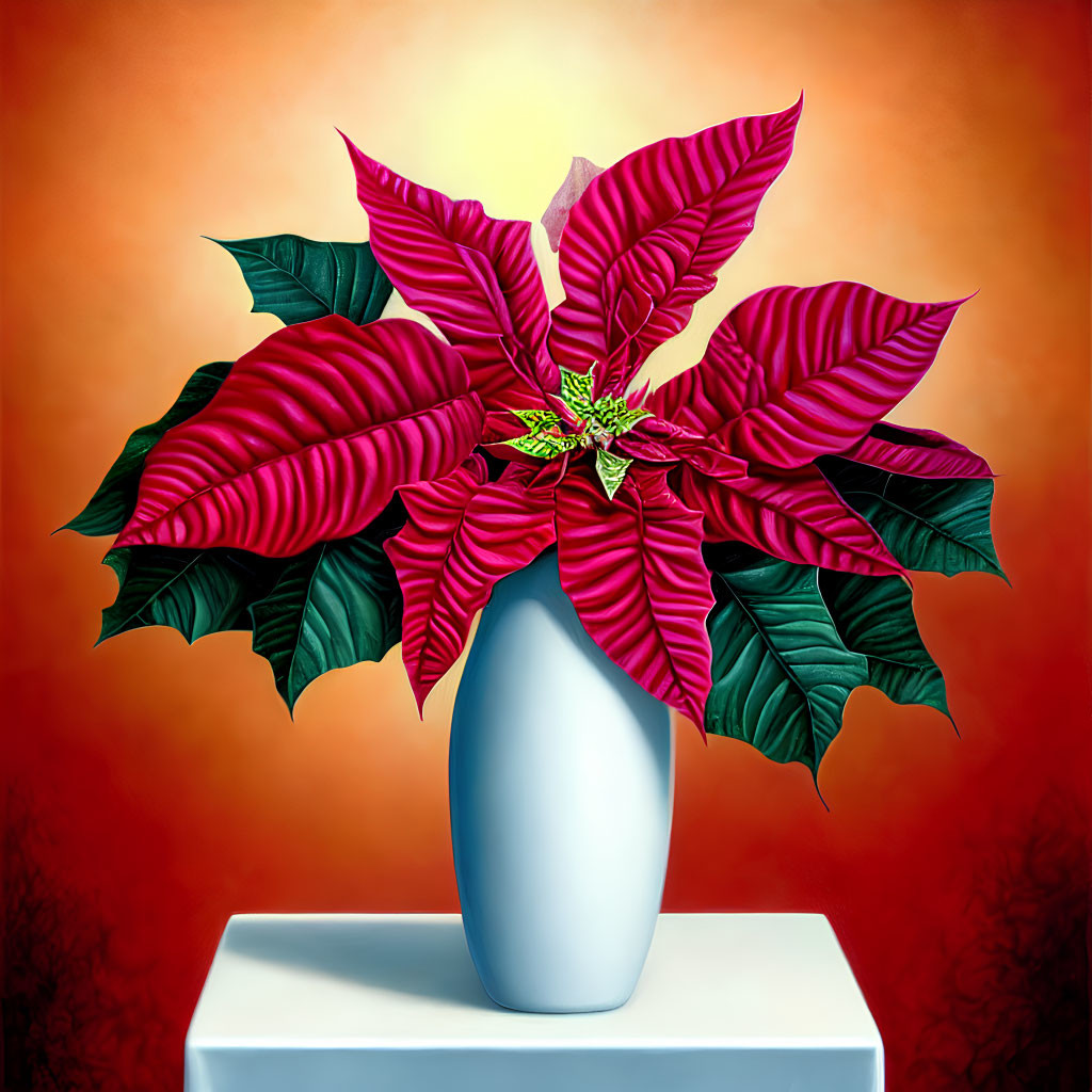 Bright red poinsettia in white vase on pedestal against orange background