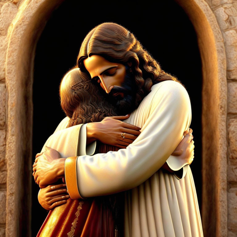 Illustration: Compassionate embrace scene with Jesus Christ and another figure in front of arched stone doorway