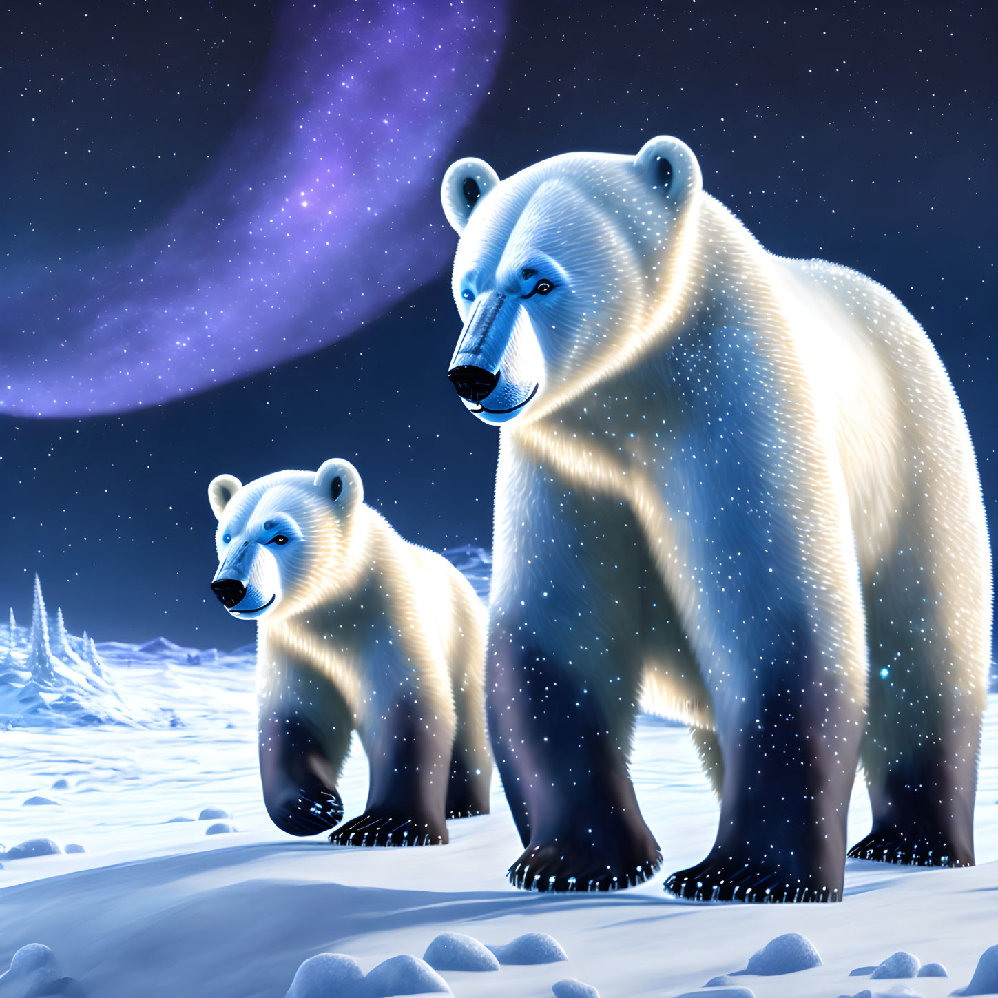 Polar Bear and Cub with Sparkling Texture on Snowy Night Sky