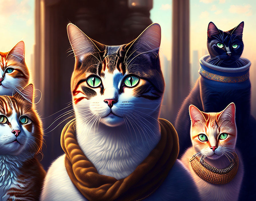 Five Cartoon Cats with Human-Like Expressions in Urban Sunset Scene