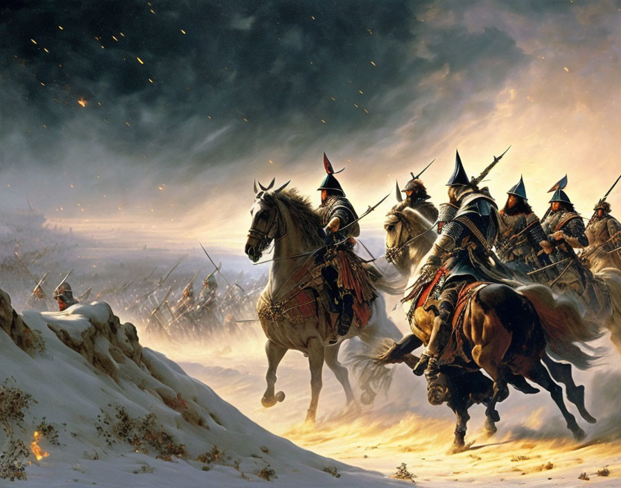 Armored knights on horseback charging in snowy landscape under brooding sky.