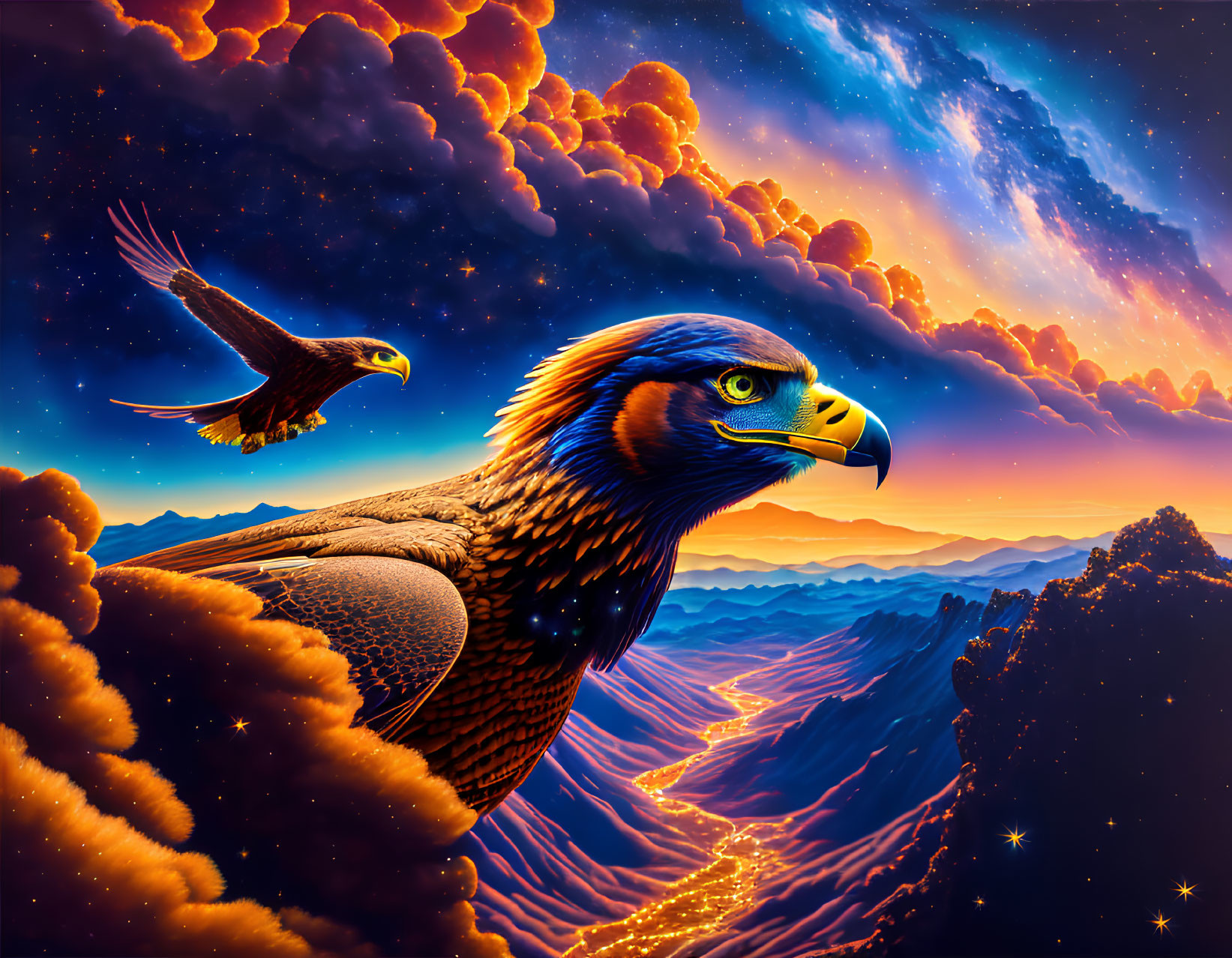 Digital Artwork: Eagle in Sunset Sky with Mountains