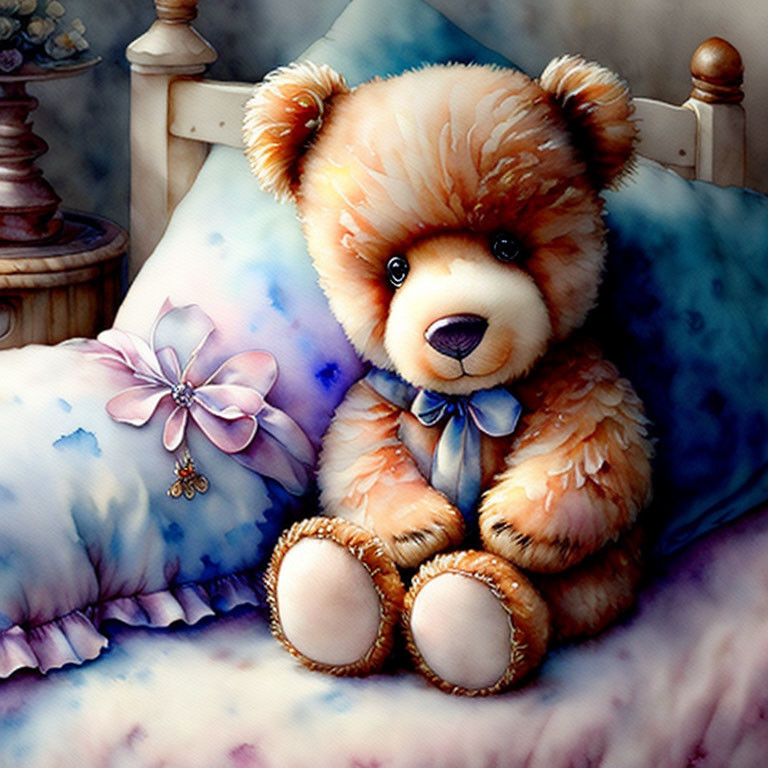 Blue Bow Teddy Bear on Bed with Blue and Purple Accents in Soft Watercolor Scene