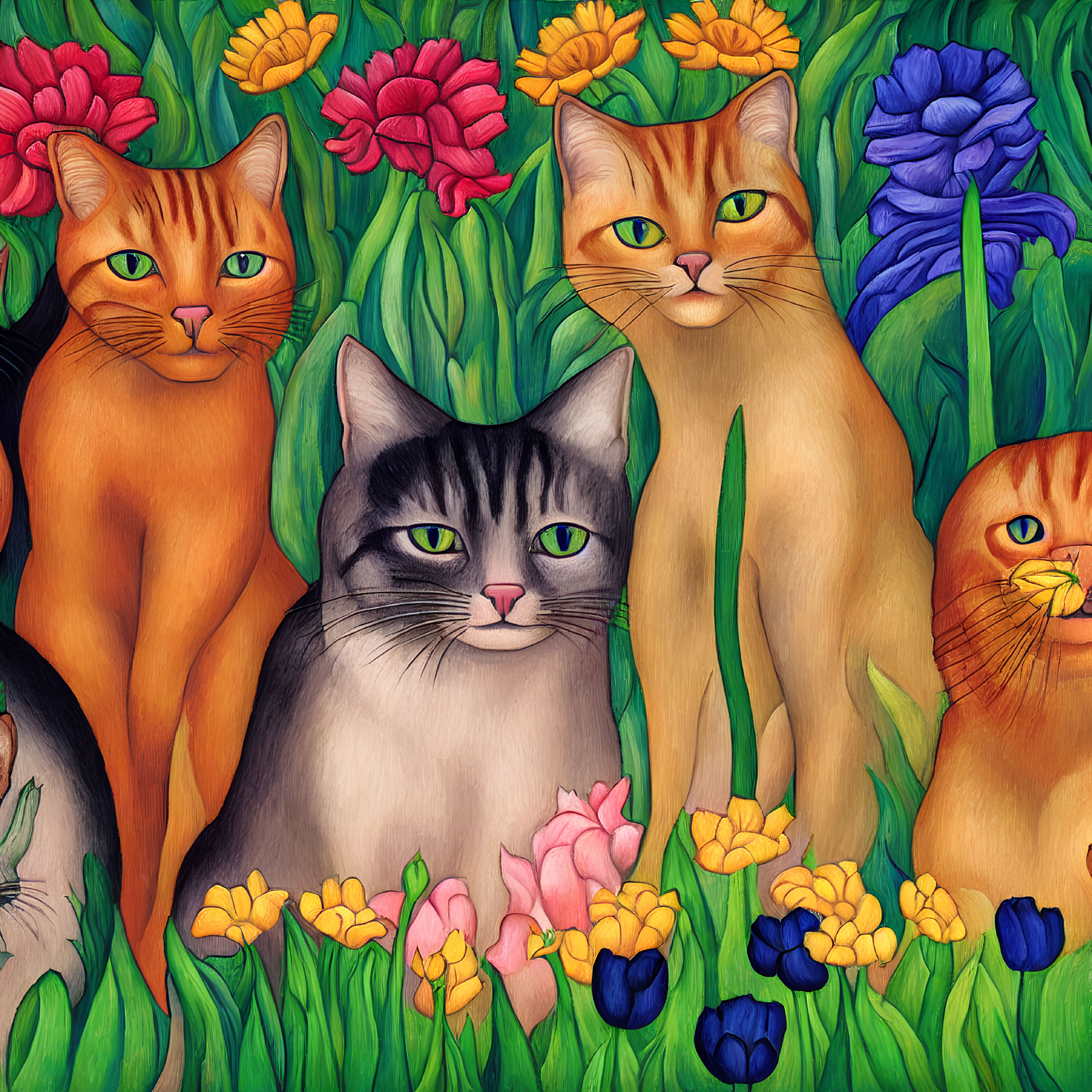 Four Colorful Cats Among Vibrant Flowers and Green Foliage