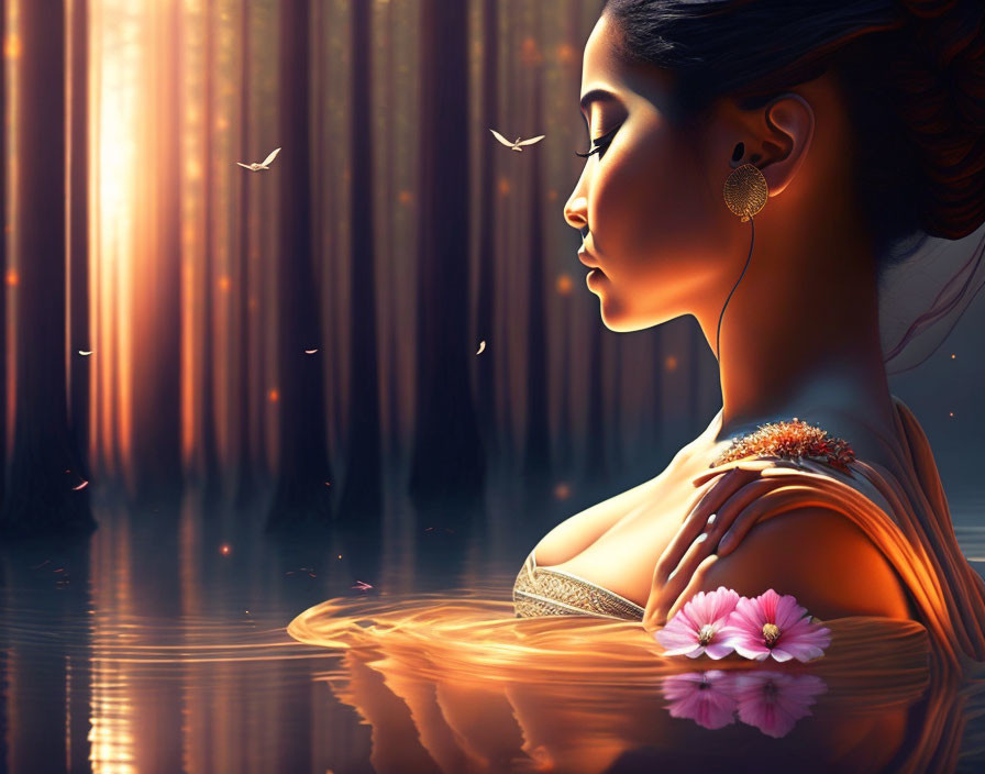 Woman immersed in water with flowers, birds, and warm glow in tranquil setting