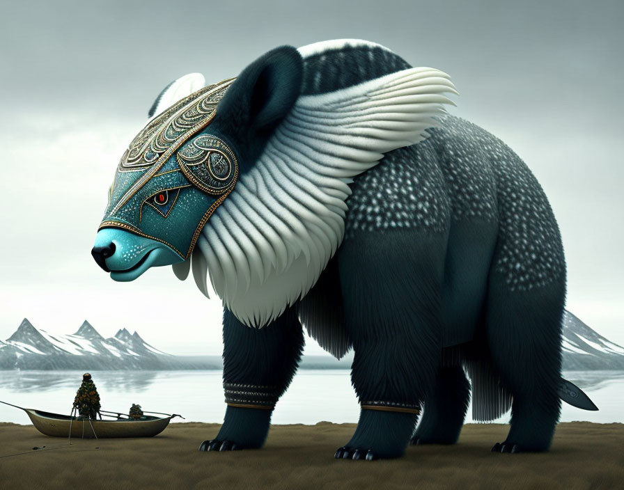 Stylized bear with tribal patterns in arctic landscape