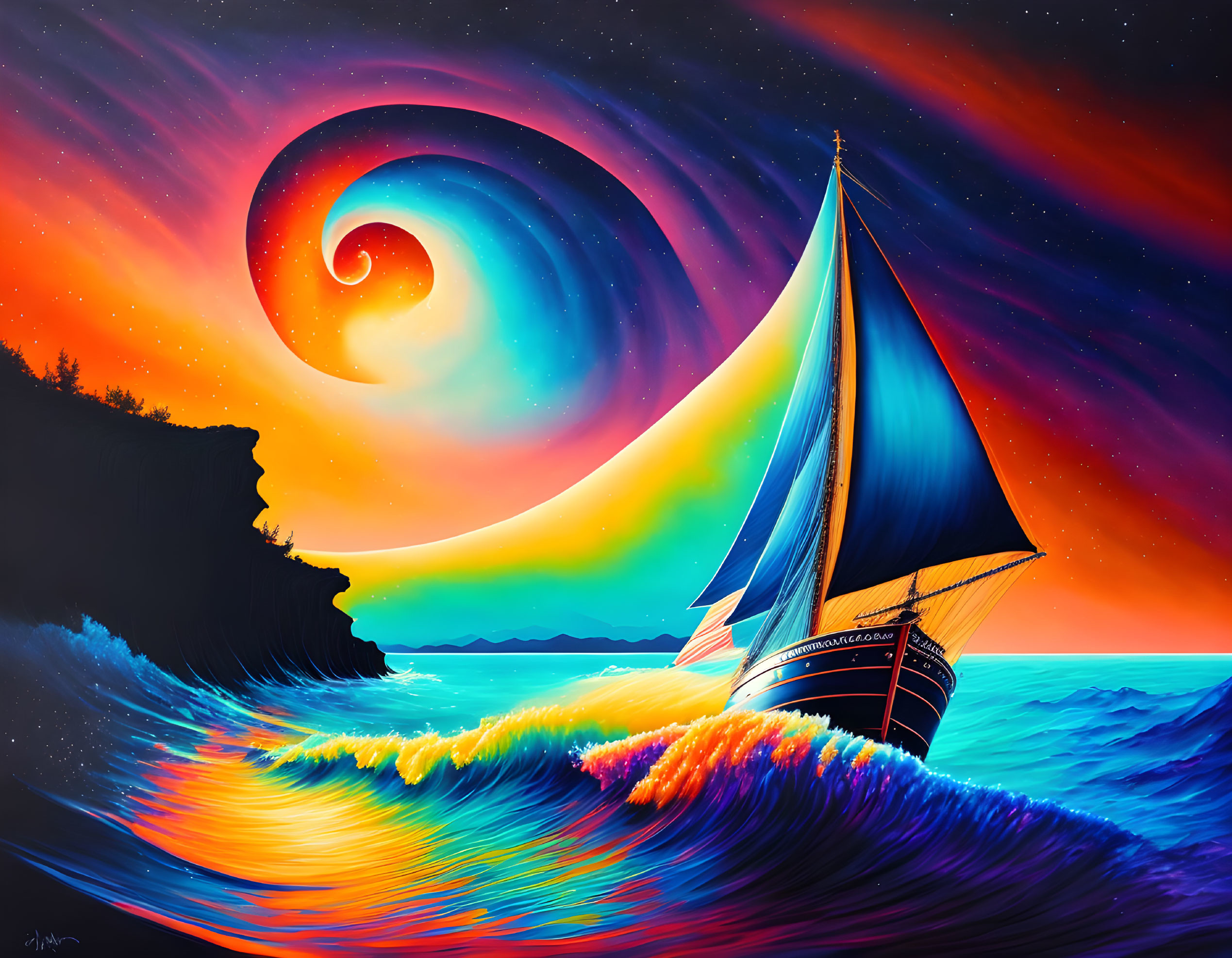 Colorful sailboat seascape at sunset with dynamic waves and swirling sky