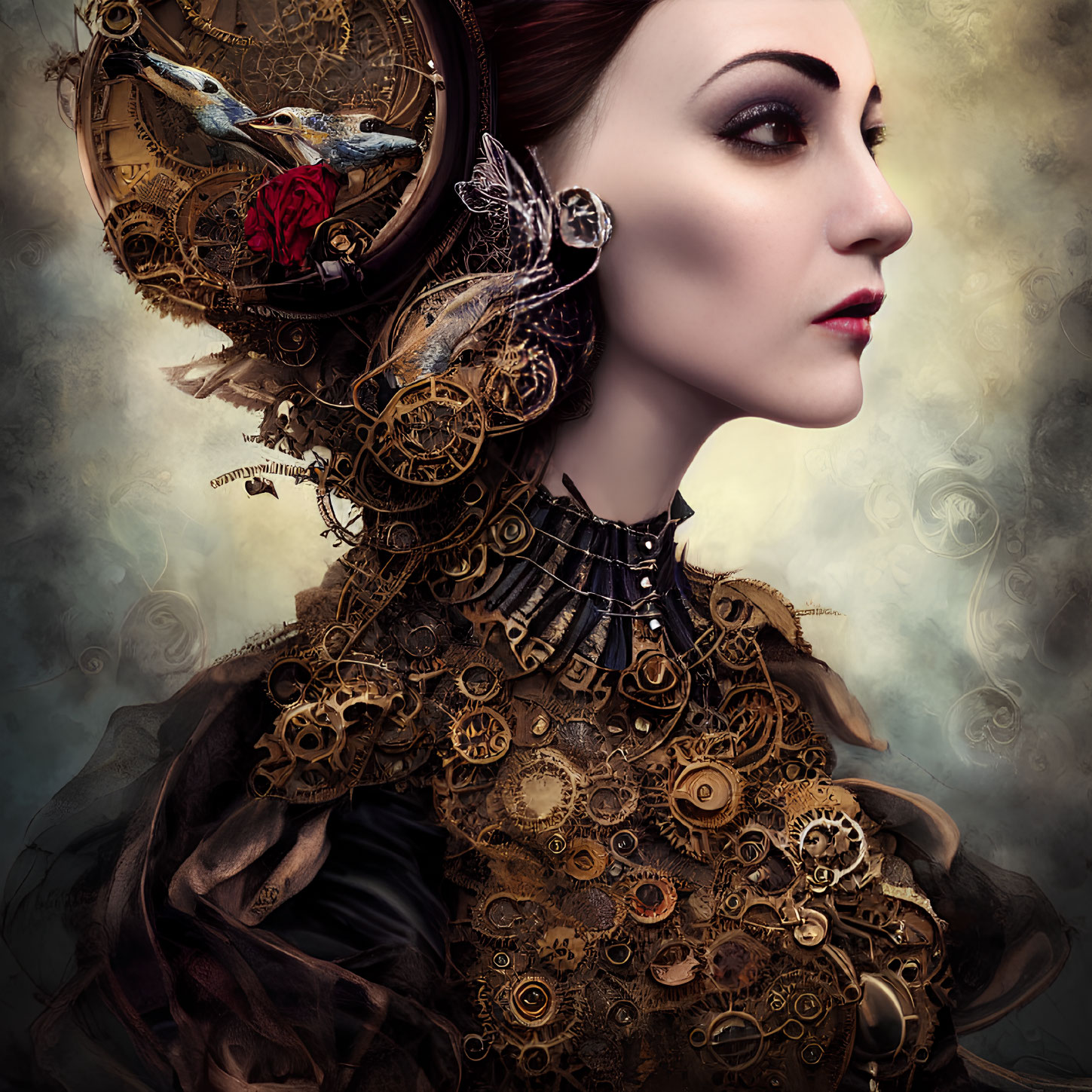 Surreal portrait of a woman with mechanical cogwork details